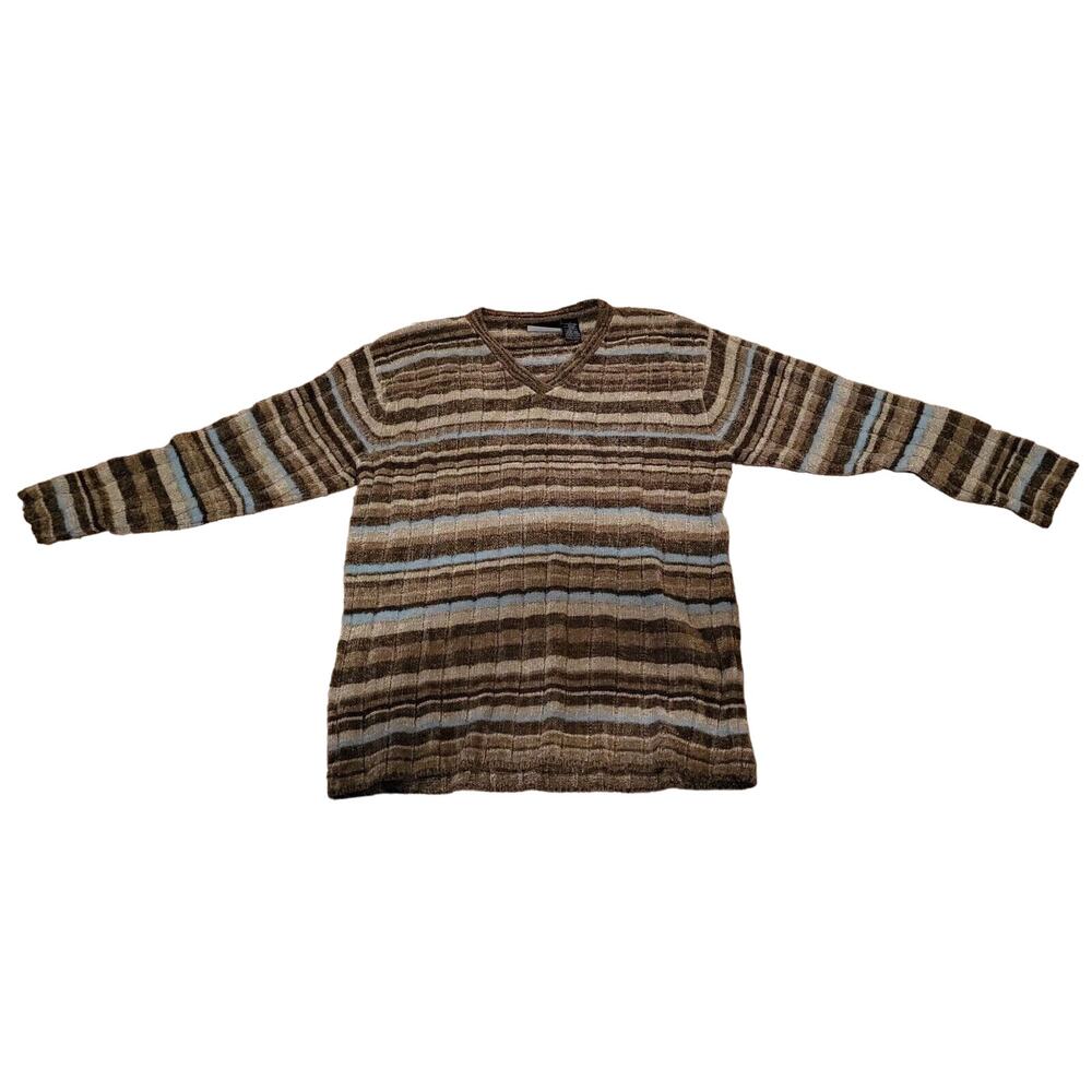 Liz Claiborne Sweater Womens Large Wool Blend Cardigan Striped Taupe